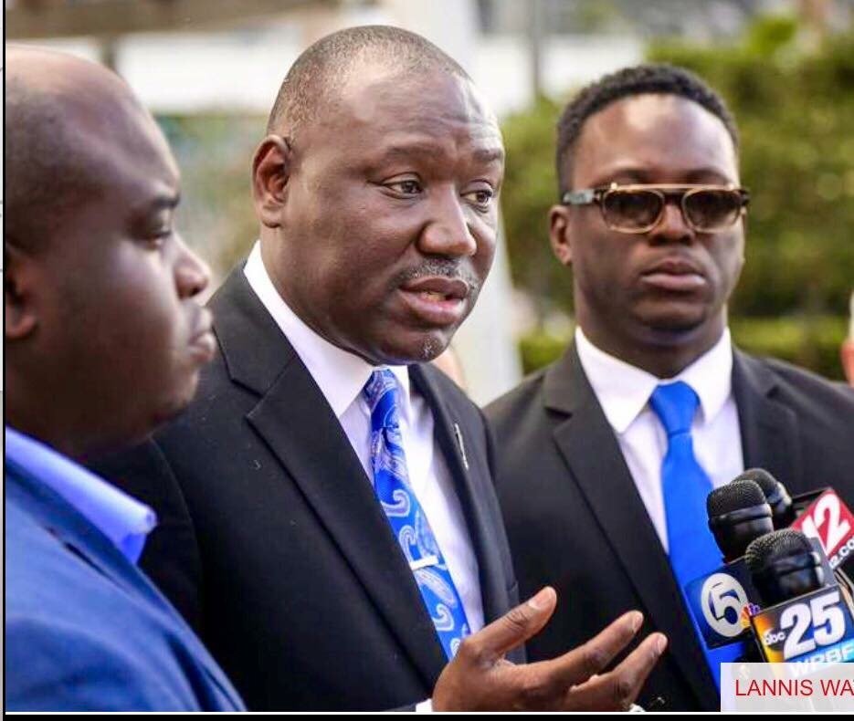 Attorney Kweku Darfoor with attorneys Benjamin Crump and Skinner Louis speaking to reporters about the Corey Jones case