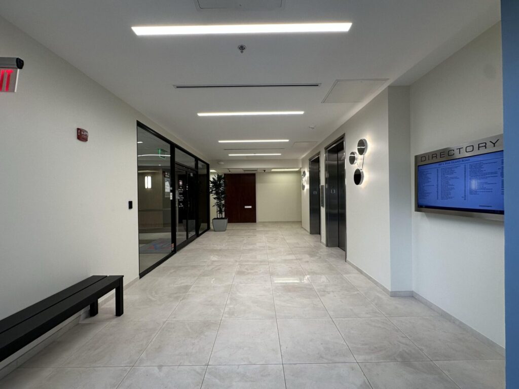 Ground-floor lobby and elevators at 300 S. Pine Island Road, Plantation